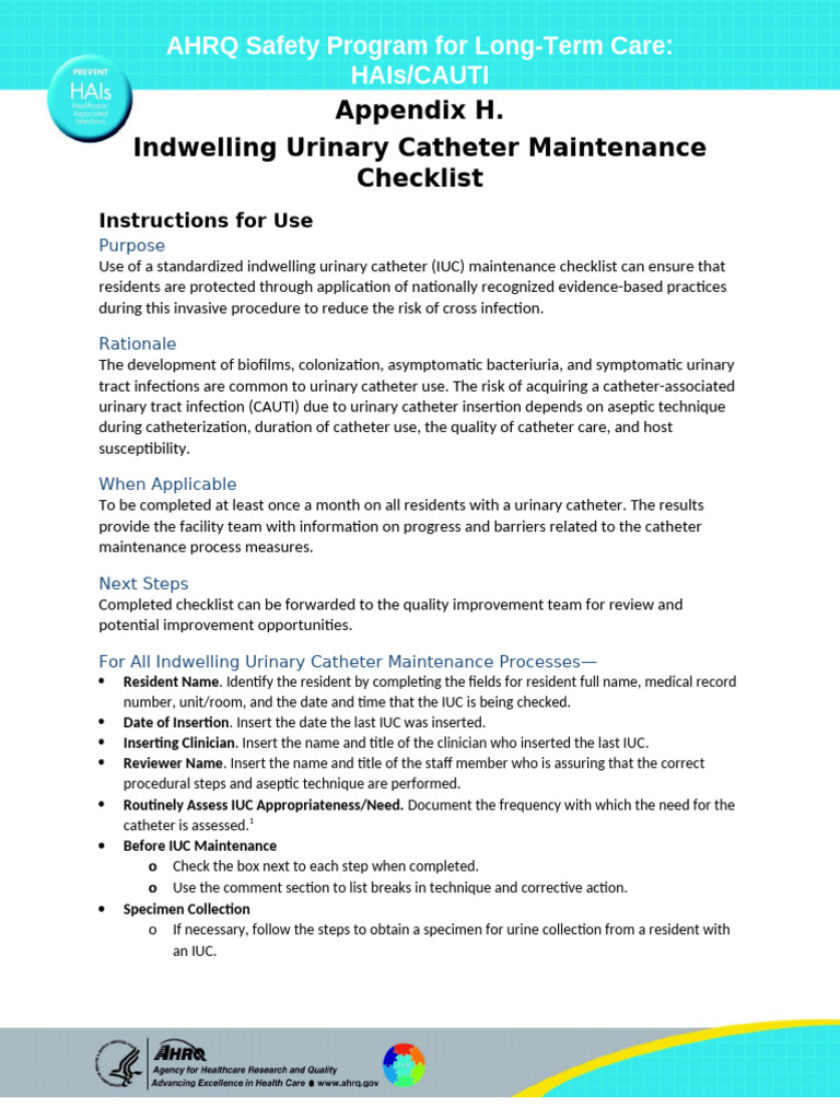IUC Maintenance Checklist for CAUTI Prevention | PDF | Catheter ...