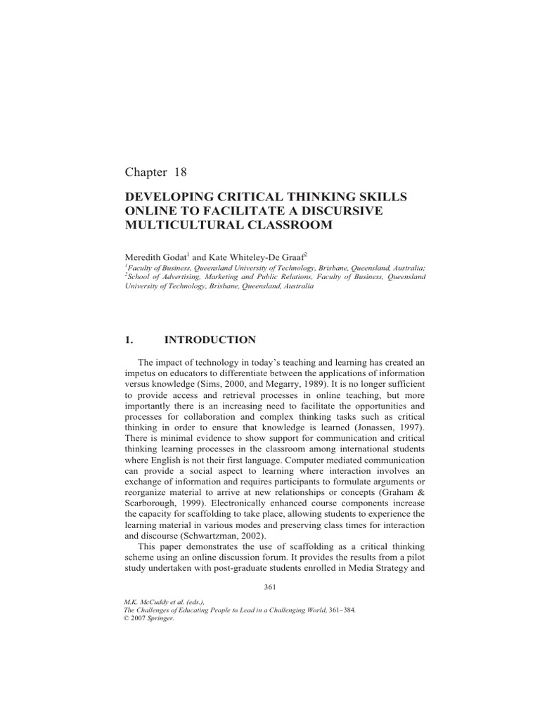 Godat-Graaf2007 Chapter Developingcriticalthinkingskil | PDF | Critical ...