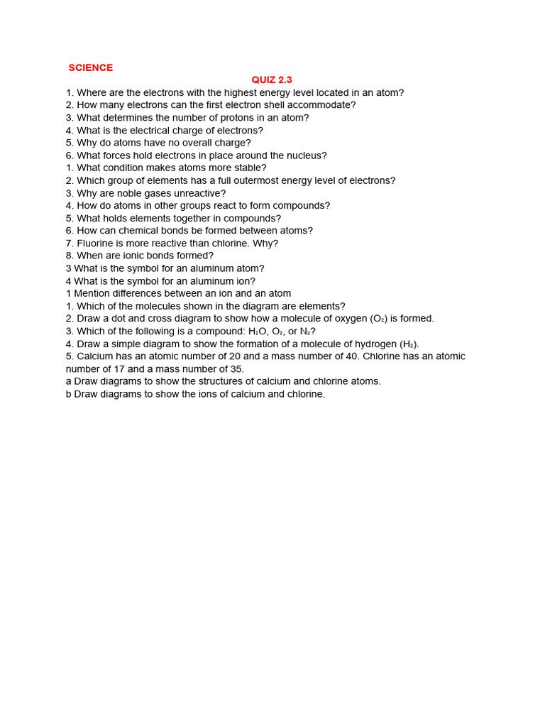 Science Quiz: Atoms and Chemical Bonds | PDF