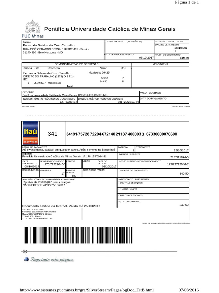 Boleto PUC Minas - Mensalidade Direito | PDF | Pagamentos | Bancos