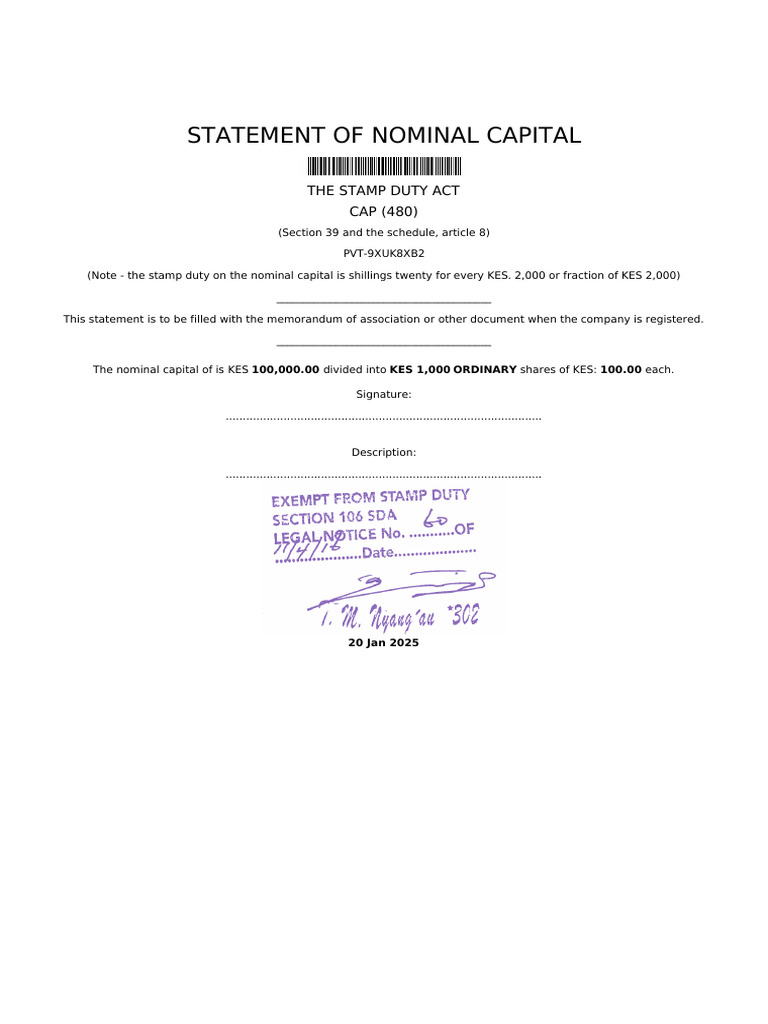 Nominal Capital Statement for Registration | PDF