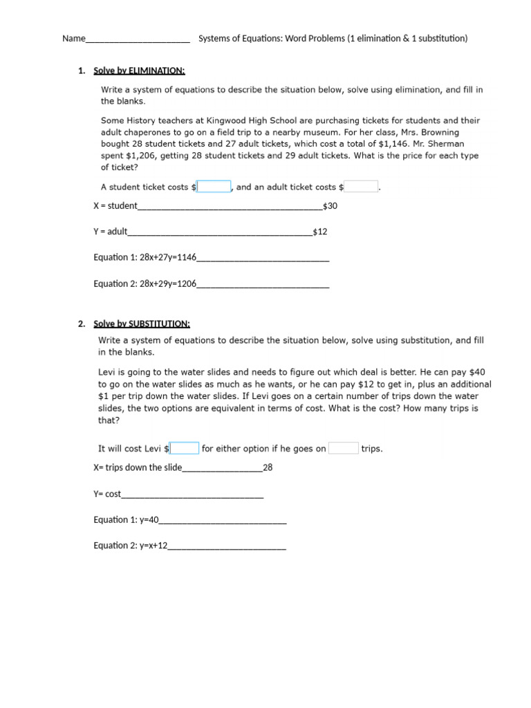 systems+of+equations+word+problems+1+elimination+and+1+substitution | PDF