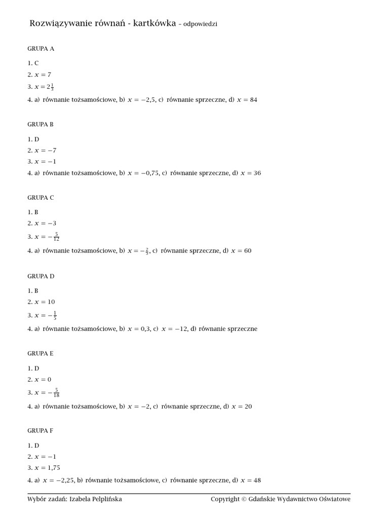 1.math - KartkÃ Wka Z Rozwiä?zywania Rã Wnaå Answers | PDF