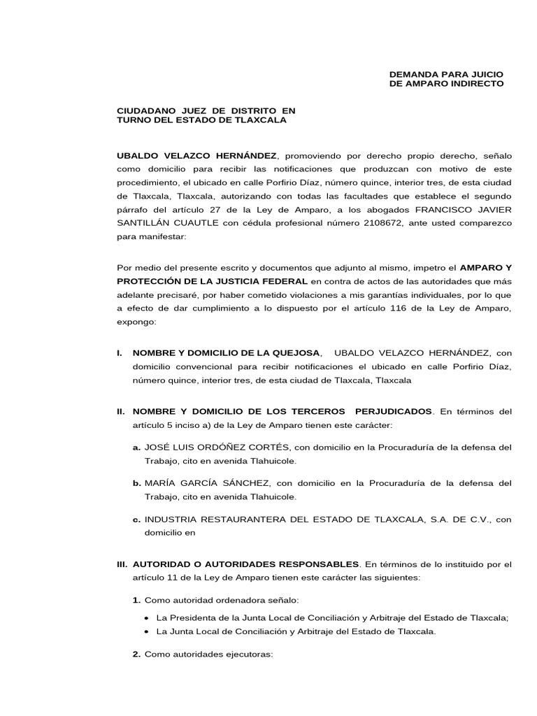 Demanda de Amparo Indirecto en Tlaxcala | PDF | Judicaturas | Caso de ley