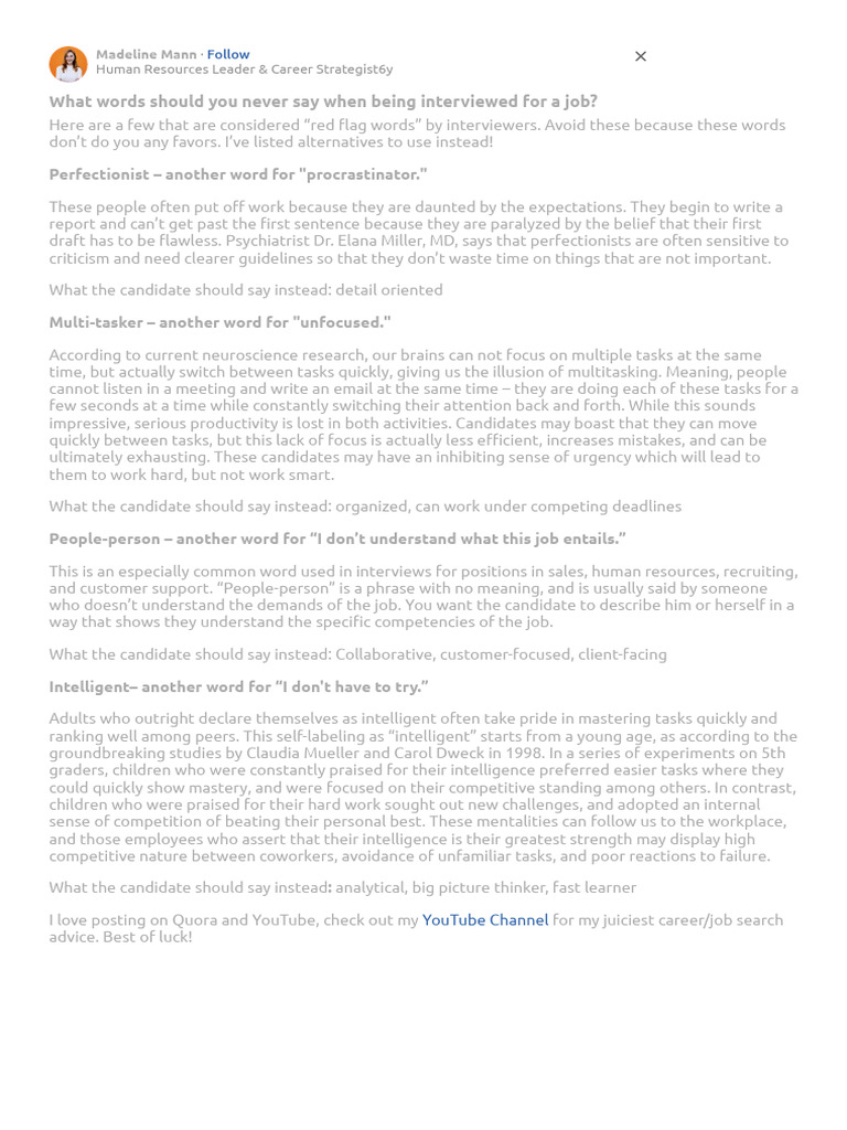 Words to Avoid in Job Interviews | PDF | Perfectionism (Psychology ...