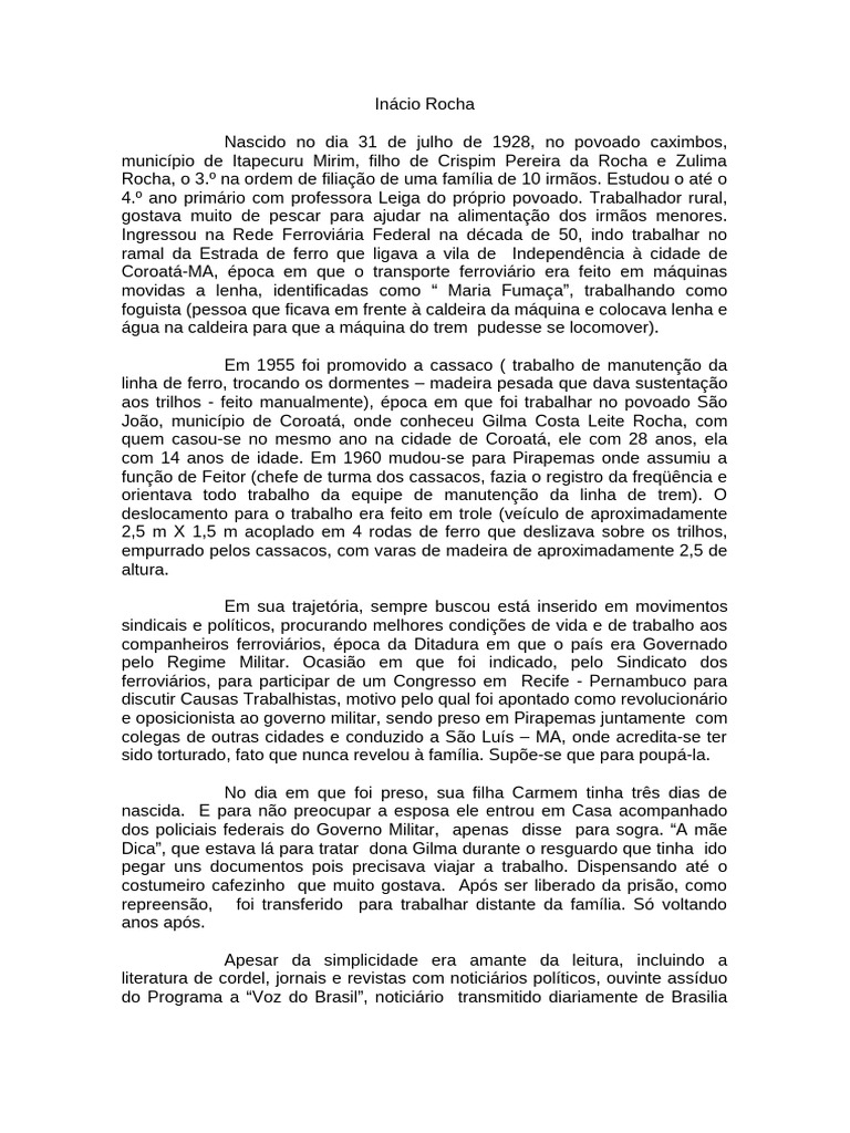 Biografia de Inácio Rocha: Ferroviário e Líder | PDF
