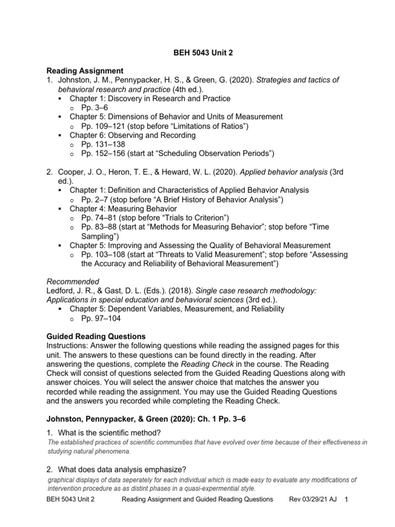BEH 5043 Unit 2 Reading Assignment and Guided Reading Questions | PDF ...