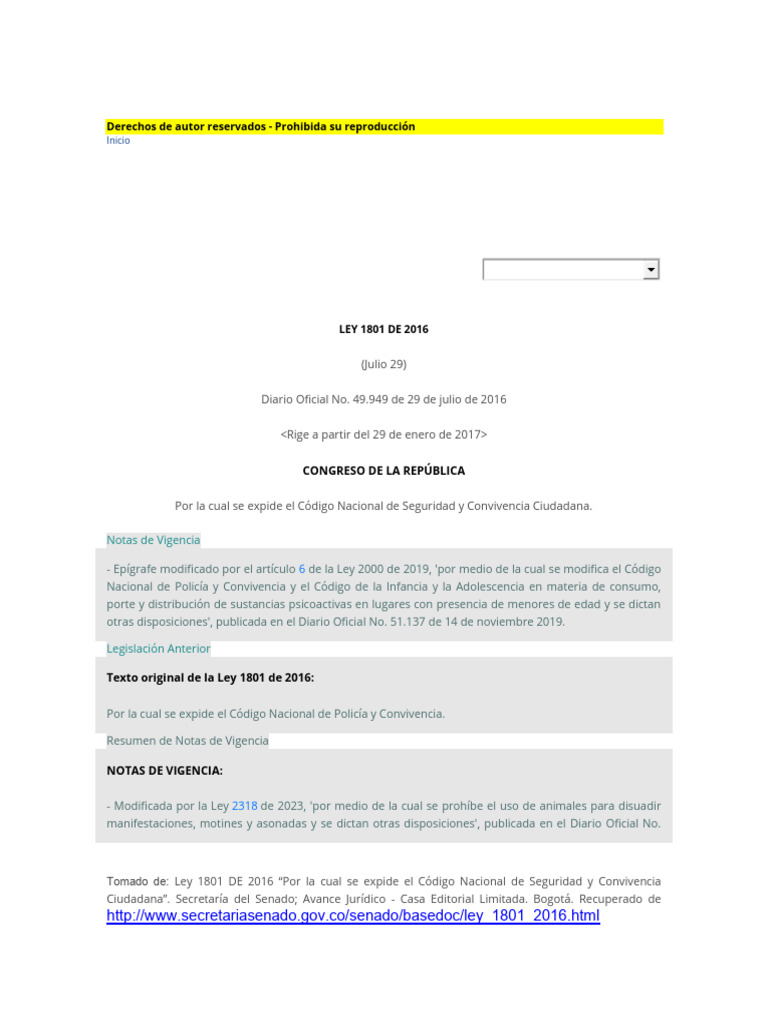 8. Ley 1801 de 2016 CNSCC | PDF | Policía | Regulación