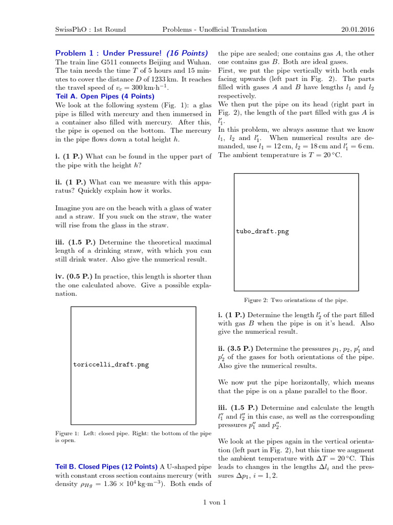 SwissPhO 2016: Unofficial Problem Set | PDF | Gases | Pressure