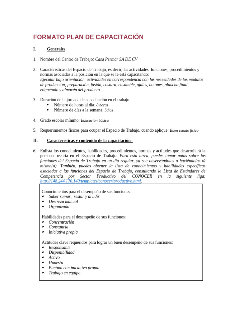 FORMATO PLAN DE CAPACITACION | PDF
