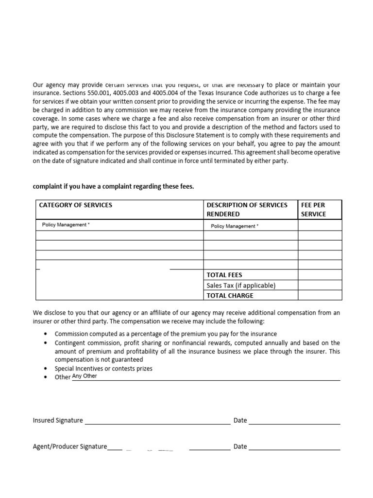 Texas Insurance Fee Disclosure Agreement | PDF