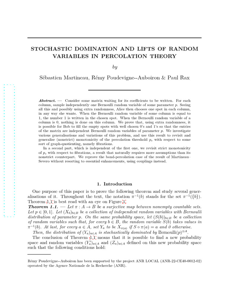 Stochastic Domination and Lifts of Random Variables in Percolation ...