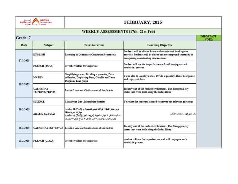 Gr 7 Assmt Schedule (17th- 21st Feb) | PDF | Languages | Foreign ...