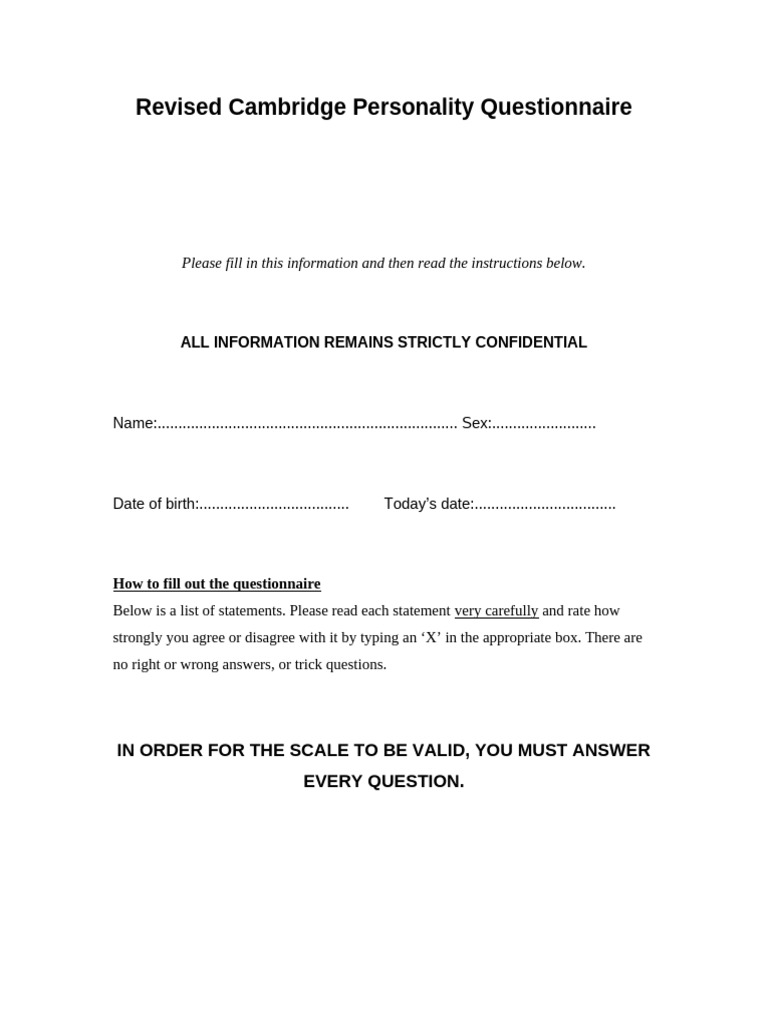 Revised Cambridge Personality Questionnaire | PDF