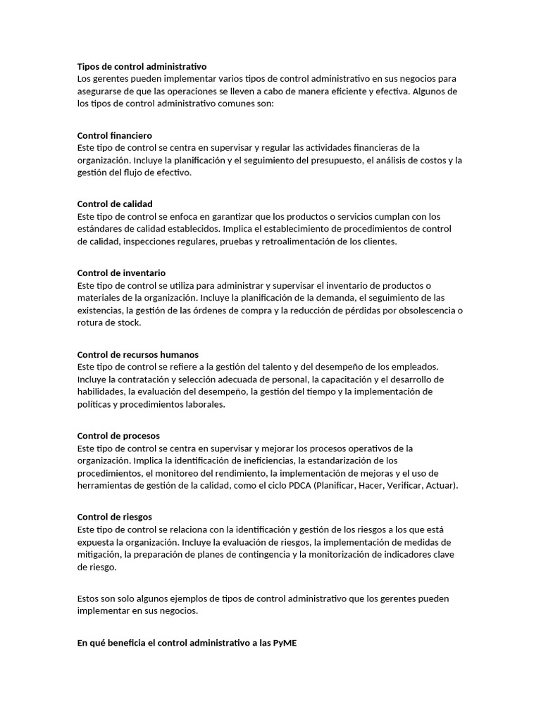 Tipos de control administrativo en empresas | PDF | Business | Calidad ...
