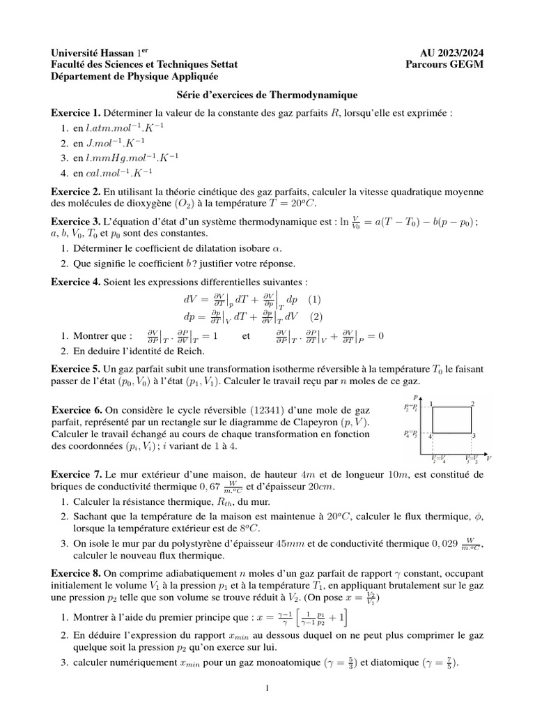 Exercices de Thermodynamique 2023-2024 | PDF | Chaleur | Entropie