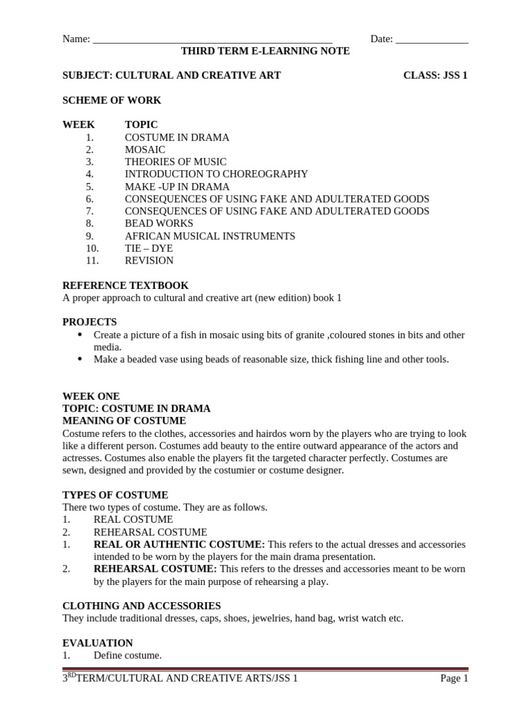 JSS1 Cultural and Creative Art Notes | PDF | Musical Instruments ...