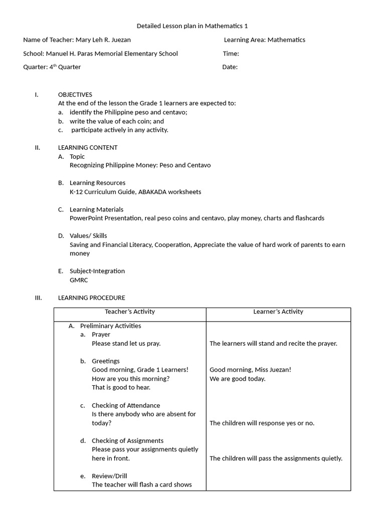 Grade 1 Lesson Plan: Philippine Money | PDF | Learning | Behavior ...