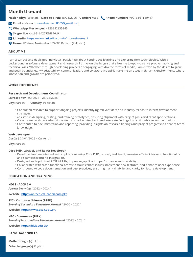 Munib Usmani: Web Developer Profile | PDF | Web Development | Software