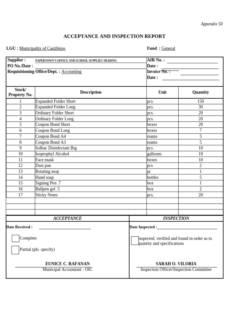 Acceptance and Inspection Report | PDF