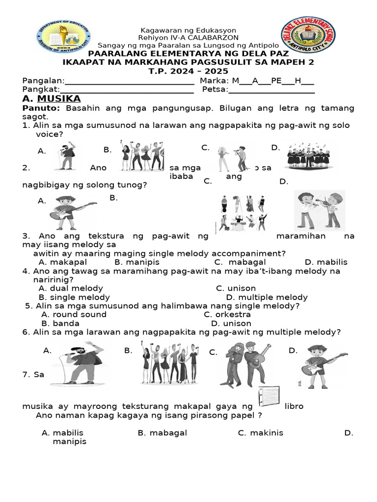 4th PERIODICAL TEST IN MAPEH 2 (S.Y.2024-2025) | PDF