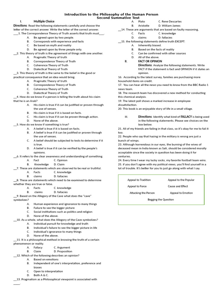 Philosophy of Truth: Test Questions | PDF | Truth | Knowledge