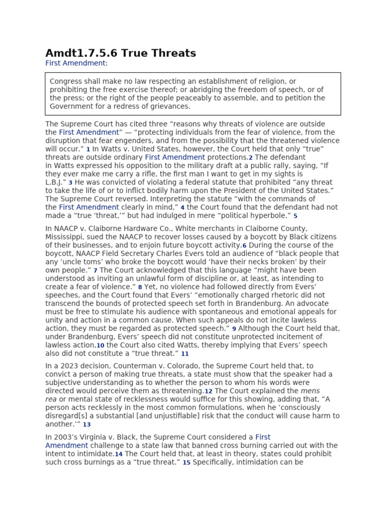 Understanding True Threats in First Amendment Law | PDF | First ...