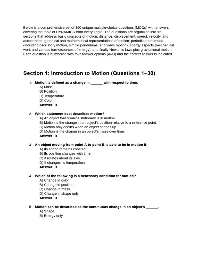 Dynamics MCQs: Motion and Displacement | PDF | Acceleration | Velocity