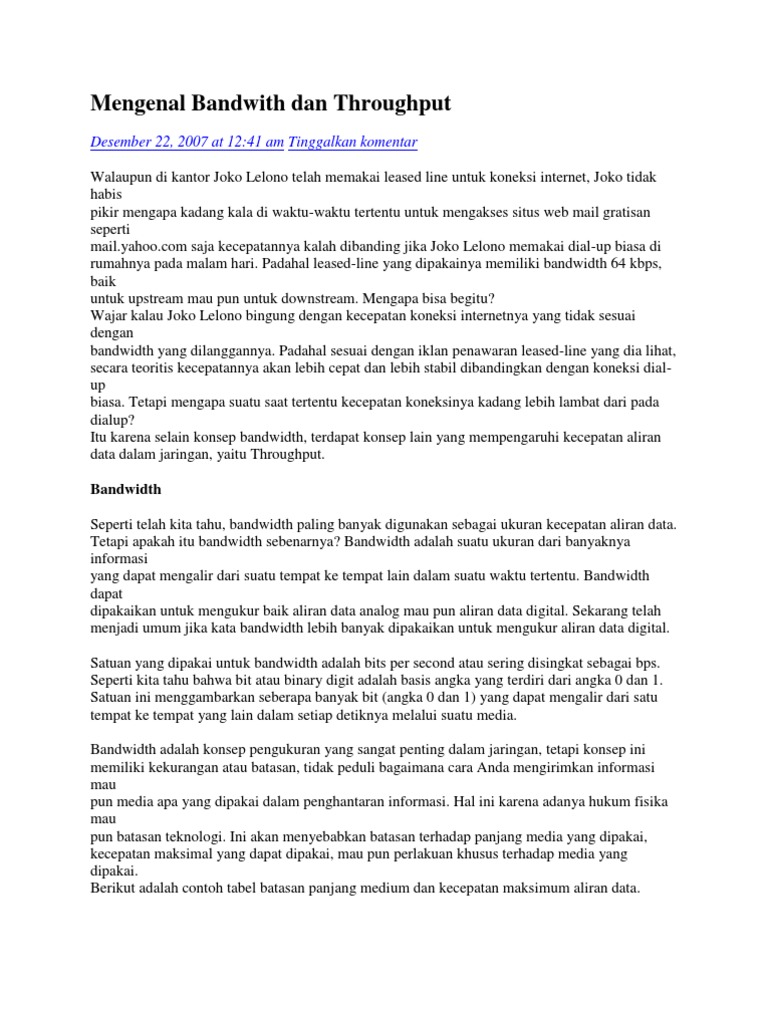 Bandwidth Dan Throughput