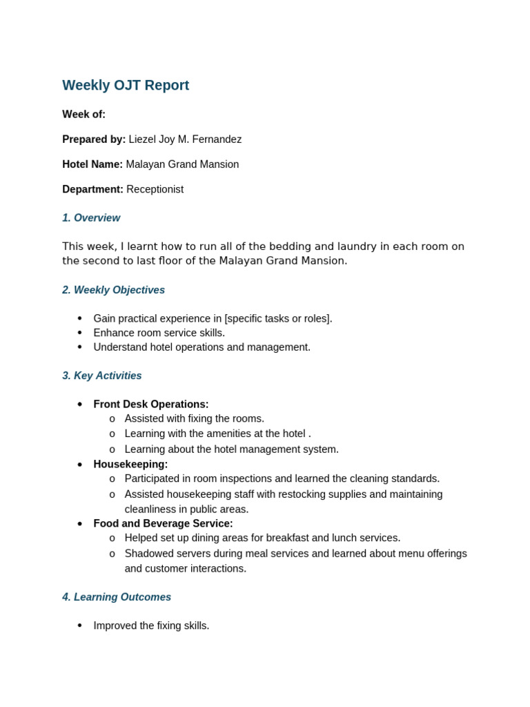 Weekly OJT Report: Malayan Grand Mansion | PDF