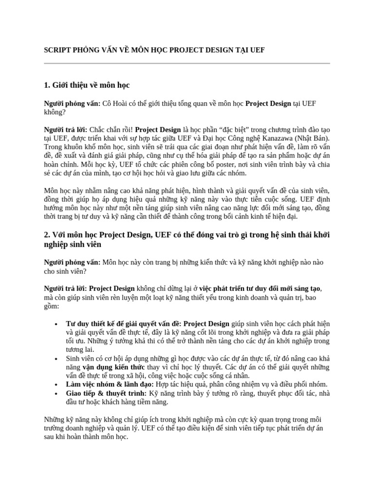 Script Phỏng Vấn Về Môn Học Project Design Tại Uef | PDF