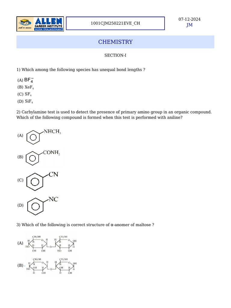 Chemistry Exam Questions and Answers | PDF | Acid | Chemical Reactions
