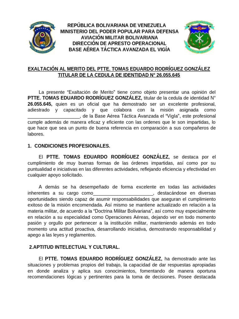 Exaltación al Mérito del PTTE. Rodríguez | PDF