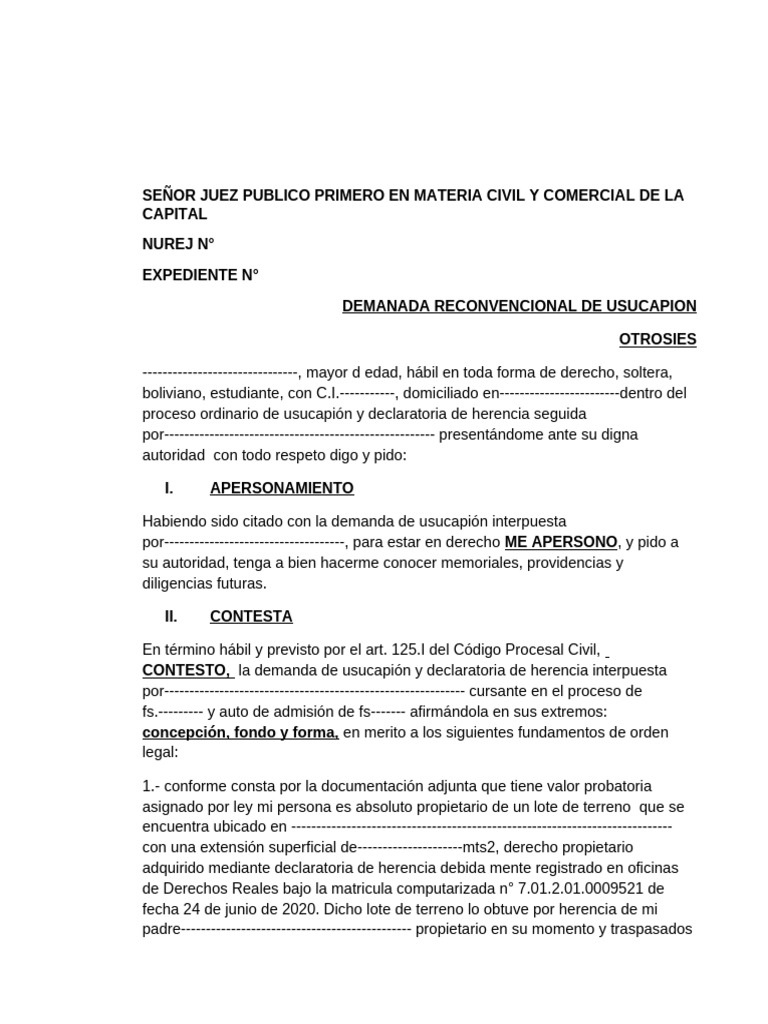 Demanda Reconventional de Usucapión | PDF | Demanda judicial | Posesión ...