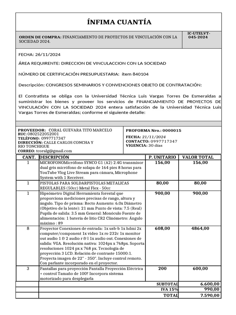 Orden de Compra: Proyectos 2024 UTLVTE | PDF | Multa (pena) | Presupuesto