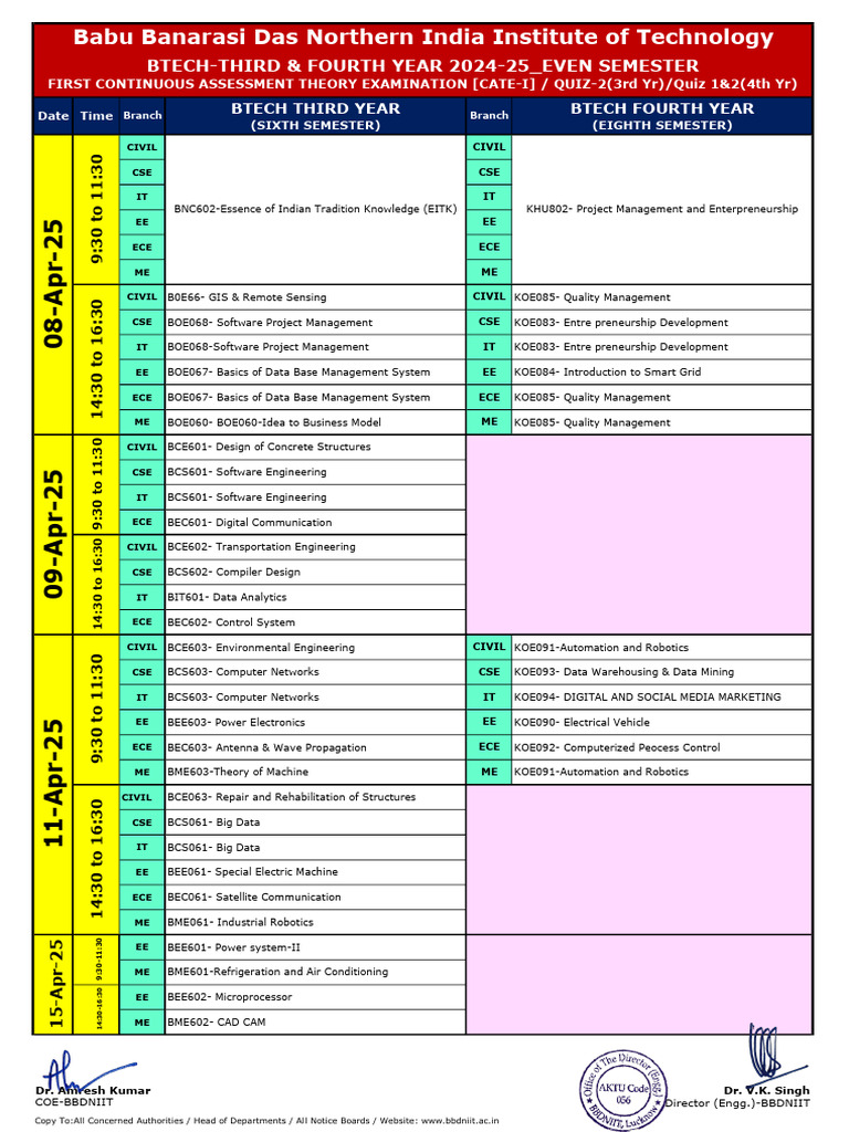 BTECH 2024-25 Even Semester Exam Schedule | PDF | Electronic ...