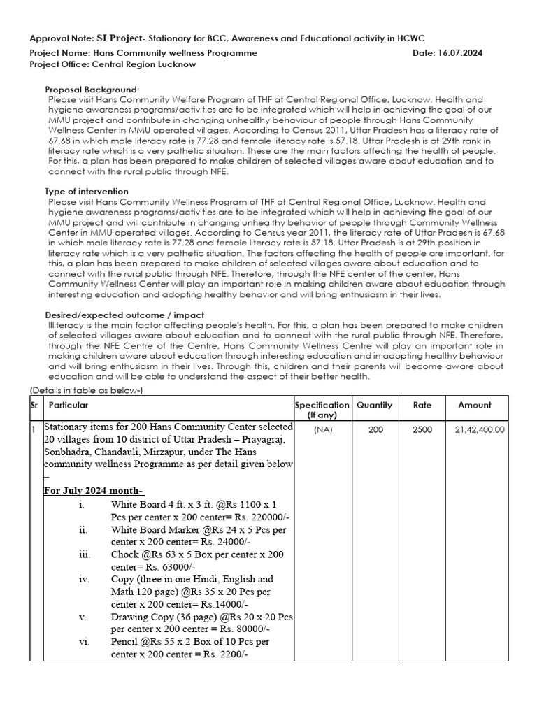 Stationery Budget for HCWC Project | PDF