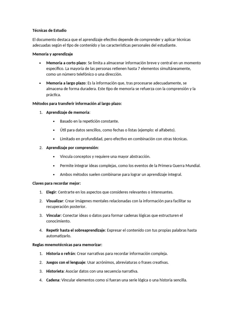 Técnicas Efectivas para Estudiar | PDF | Memoria | Aprendizaje