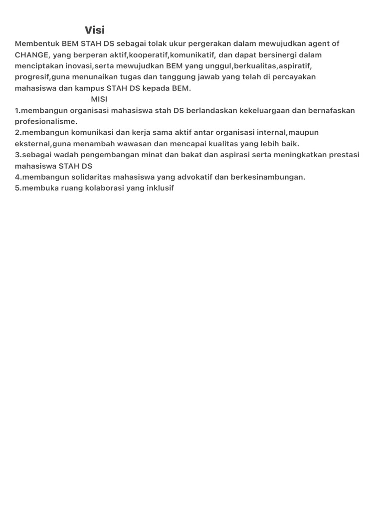 Visi dan Misi BEM STAH DS yang Inovatif | PDF