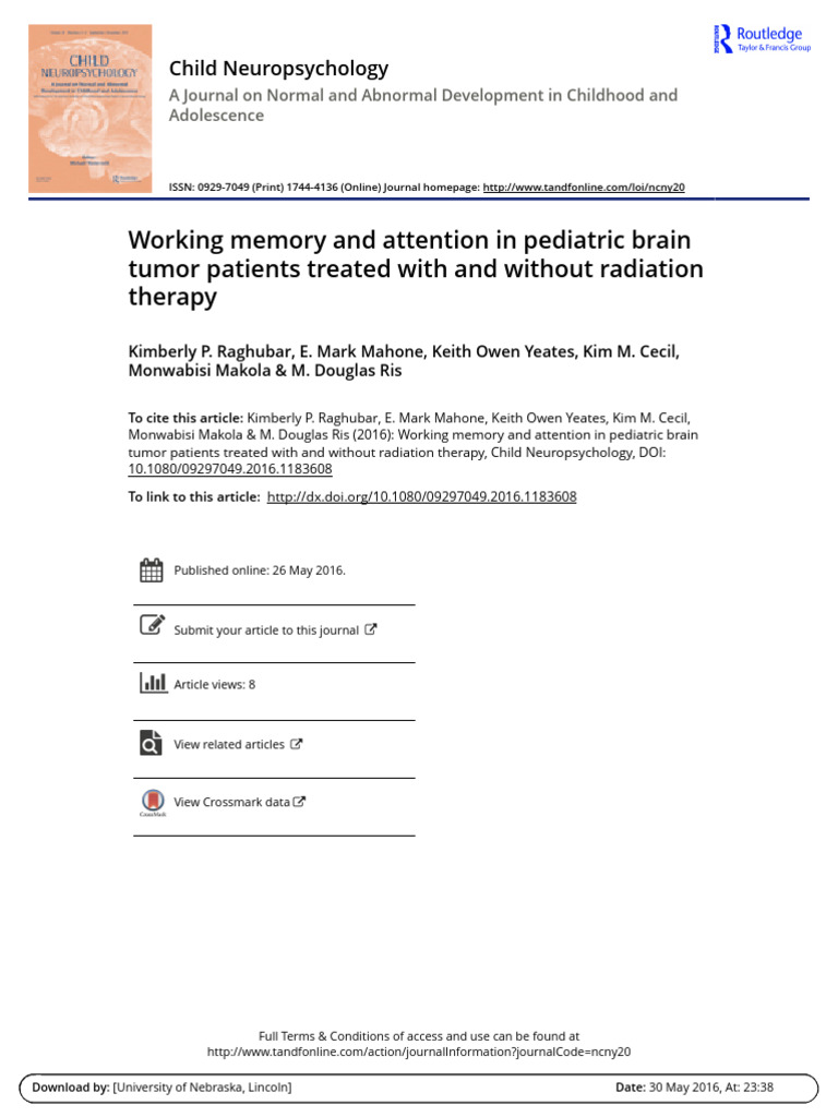 Working Memory in Pediatric Brain Tumor Patients | PDF | Working Memory ...