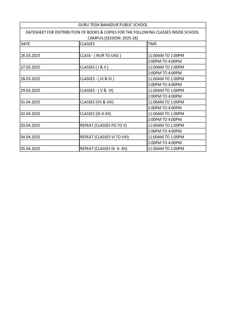 2025-26 Class Schedule & Book Distribution | PDF