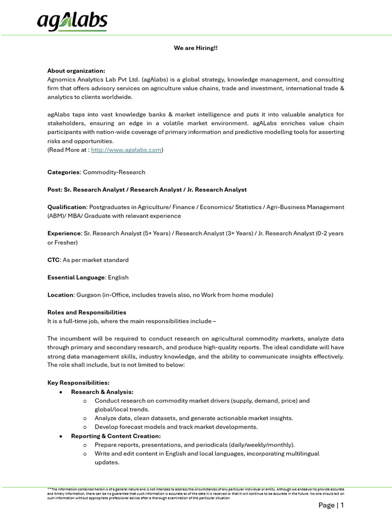 Job Openings for Research Analysts at agAlabs | PDF | Financial Analyst ...