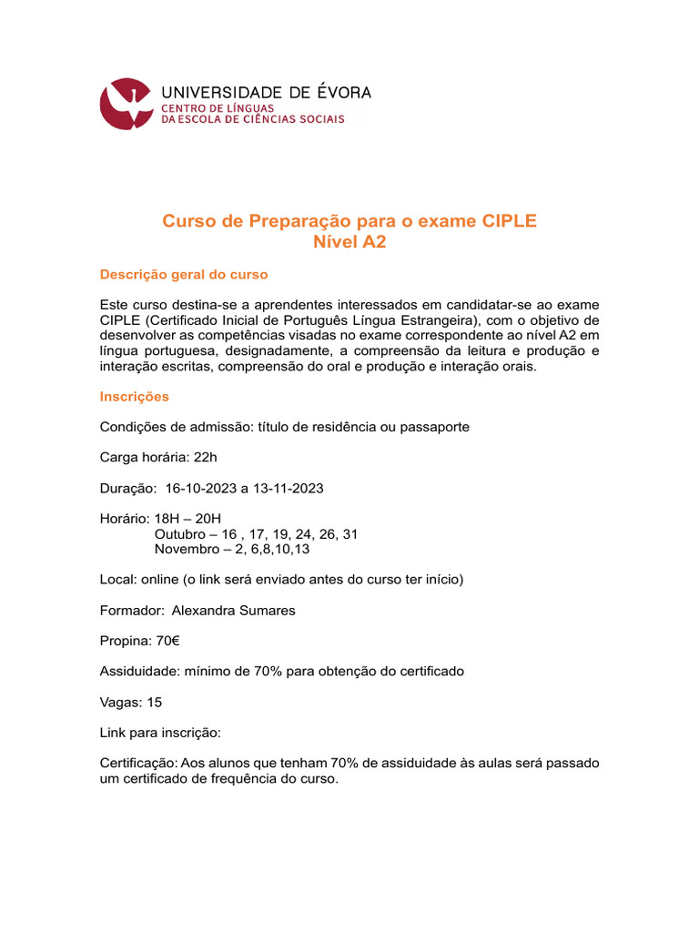 Curso Online CIPLE Nível A2 - Inscrições Abertas | PDF