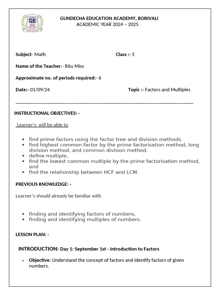Factors and Multiples Lesson Plan | PDF | Numbers | Learning