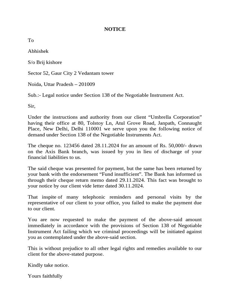 Notice Format of 138 N I Act | PDF | Cheque | Justice