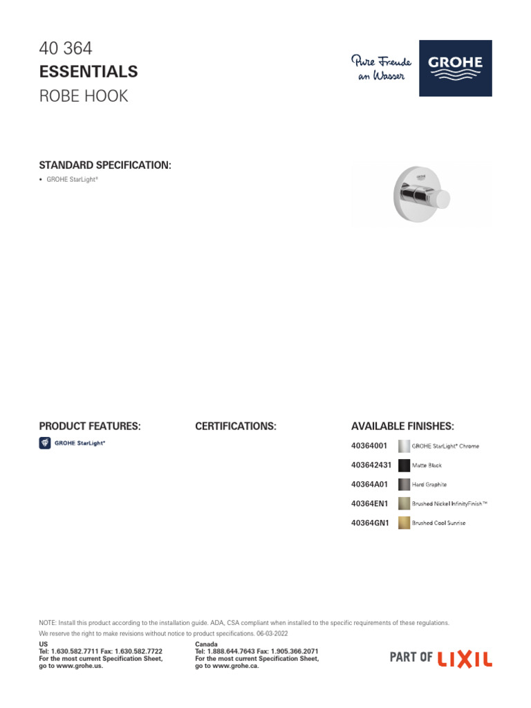 Grohe Essentials Robe Hook Specifications | PDF