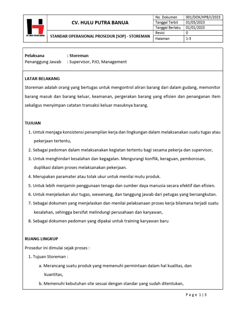 Prosedur Tugas Storeman di Gudang | PDF