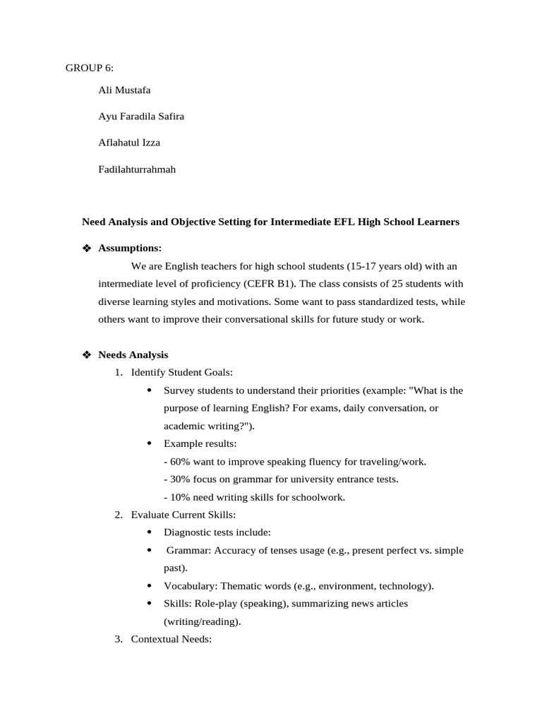Group 6. Need Analysis & Objectives | PDF | Fluency | English Language