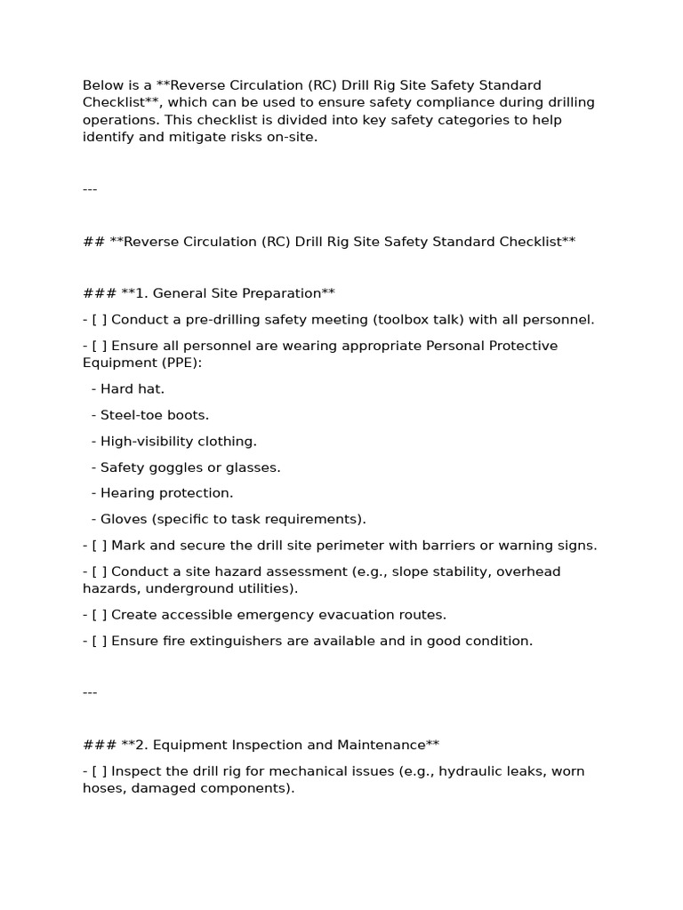 RC Drill Rig Safety Inspection Checklist | PDF | Occupational Safety ...