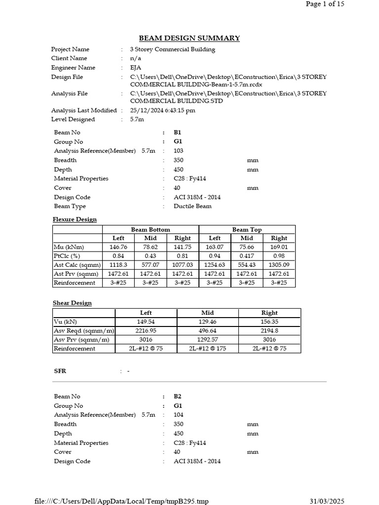 Beam Design Summary for 3 Storey Building | PDF | Bending | Beam ...